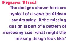 The designs shown here are typical of a sona, an African sand tracing. If the missing design is part of a pattern of increasing size, what might the missing design look like?