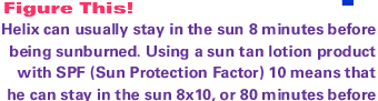 Helix can usually stay in the sun 8 minutes before being sunburned. Using a sun tan lotion product with SPF (Sun Protection Factor) 10 means that he can stay in the sun 8x10, or 80 minutes before