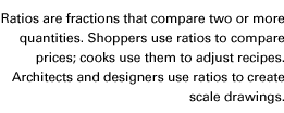 Ratios are fractions that compare two or more quantities. Shoppers use ratios to compare prices; cooks use them to adjust recipes. Architects and designers use ratios to create scale drawings.