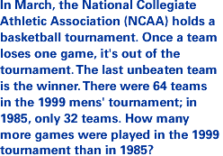 In March, the National Collegiate Athletic Association (NCAA) holds a basketball tournament. Once a team loses one game, it's out of the tournament. The last unbeaten team is the winner. There were 64 teams in the 1999 men's tournament; in 1985, only 32 t