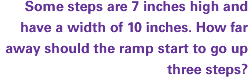 Some steps are 7 inches high and have a width of 10 inches. How far away should the ramp start to go up three steps?