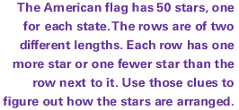 The American flag has 50 stars, one for each state. The rows are of two different lengths. Each row has one more star or one fewer star than the row next to it. Use those clues to figure out how the stars are arranged.