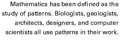 Mathematics has been defined as the study of patterns. Biologists, geologists, architects, designers, and computer scientists all use patterns in their work.