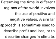 Determing the time in different regions of the world involves the use of positive and negative values. A similar approach is sometimes used to describe profit and loss, or to describe changes in climate.
