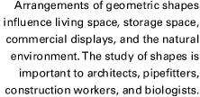 Arrangements of geometric shapes influence living space, storage space, commercial displays, and the natural environment. The study of shapes is important to architects, pipefitters, construction workers, and biologists.
