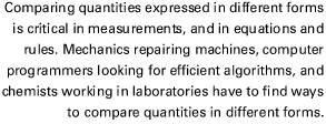 Comparing quantities expressed in different forms is critical in measurements, and in equations and rules. Mechanics repairing machines, computer programmers looking for efficient algorithms, and chemists working in laboratories have to find ways to compa